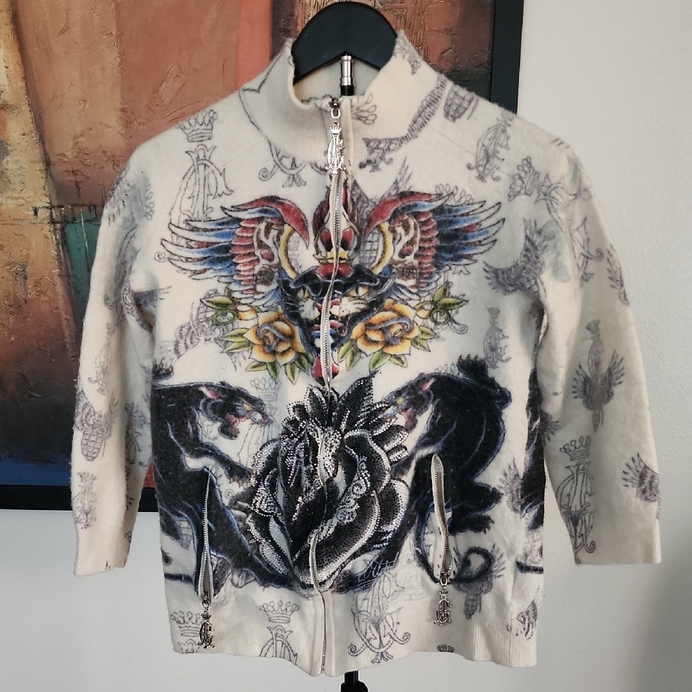 Christian Audigier Vintage Wool Blend Graphic Zip-Up Sweater - Cream and Black